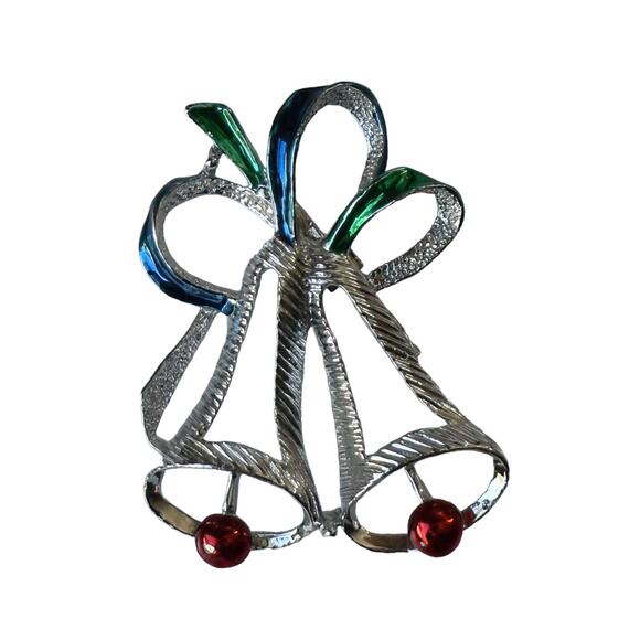 1960s GERRYS Red Green Blue Enamel Christmas Bells & Ribbon Pin Brooch - Picture 3 of 3
